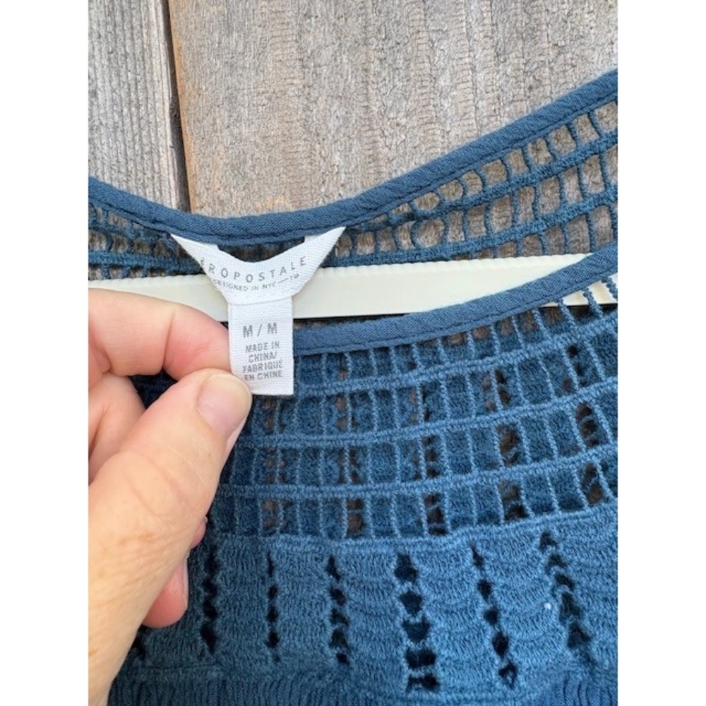 Aeropostale Crochet Top Long Sleeve Peasant Blouse Boho Blue Medium - Picture 3 of 5